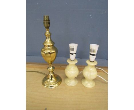 Brass table lamp and pair of onyx table lamps (plugs removed)