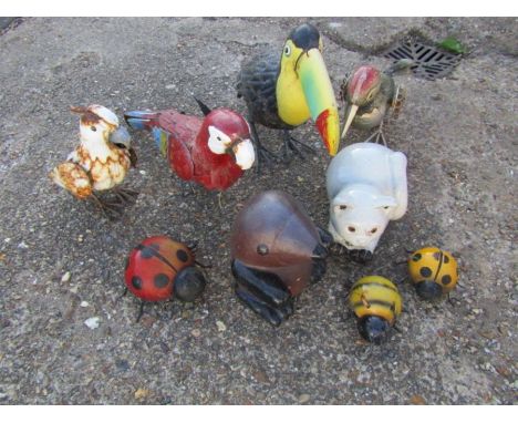 Ceramic and metal garden birds and animals 