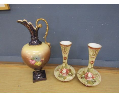 Painted ceramic jug and pair of vases 