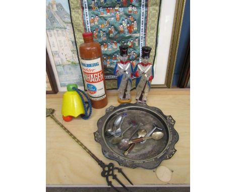 A pewter 1925 chapel plate, soldier glass bottles, Chinese tapestry, vintage bottle toy, Landend toasting fork and teaspoons