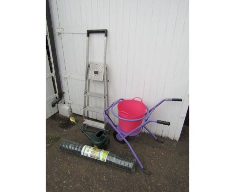 Wheelbarrow, alloy step ladder and roll of wire fencing etc 