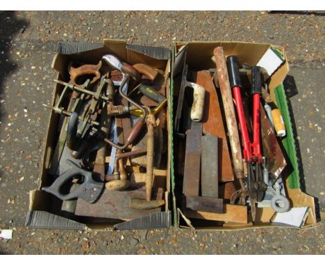 2 Boxes of tools including saws and setsquares etc 