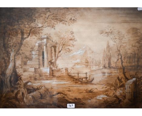 19th century Continental school - An en grisaille wash and heightening sketch of ruins, 51 x 72 cm 