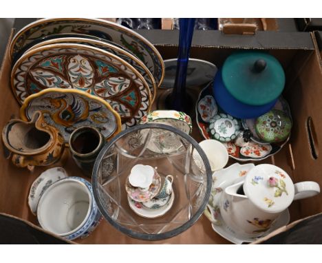 Two millefiori glass paperweights, to/w various other ceramics, including Imari plate, Continental majolica plates, two Dresd