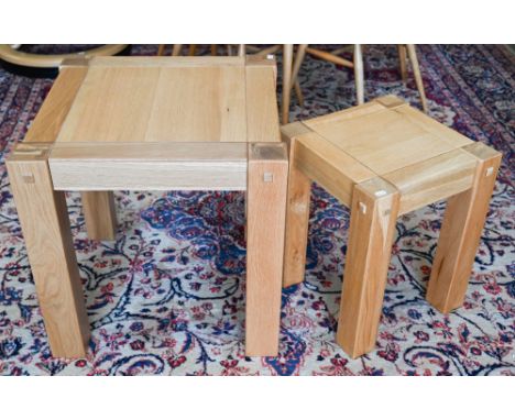 A modern light oak square lamp table, 55 x 55 x 55 cm high to/w smaller matching example, 38 x 38 x 46 cm high (2) 
