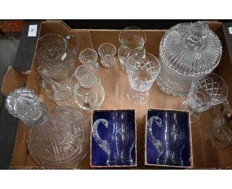 Various cut and moulded glassware, including biscuit barrel, decanter, beer mugs, etc (box) 
