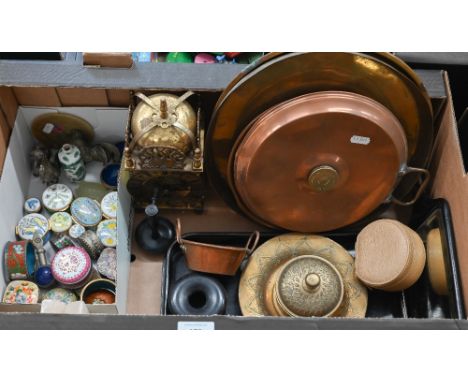 Various small enamel boxes and other miniature ornaments, to/w a brass lantern clock, various other brassware and copper, etc