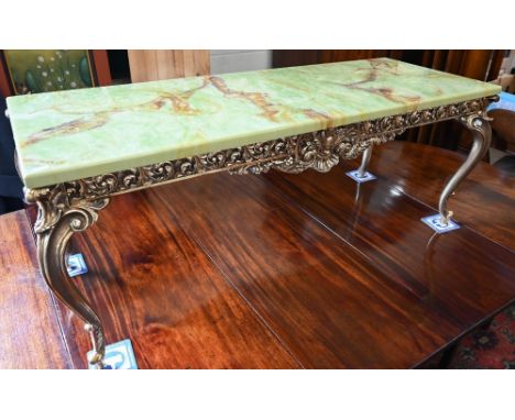 A composite simulated green onyx and giltwood coffee table, 122 cm wide x 46 cm deep x 48 cm high to/w green onyx box, table 