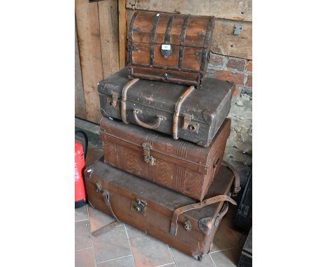 Vintage canvas leather bound cabin trunk, smaller case, metal foot locker trunk and smaller domed hardwood and metal bound ch