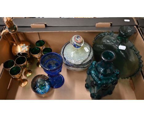Five pieces of coloured studio glass, to/w a Venetian green and gilt glass liqueur set with decanter (box) 