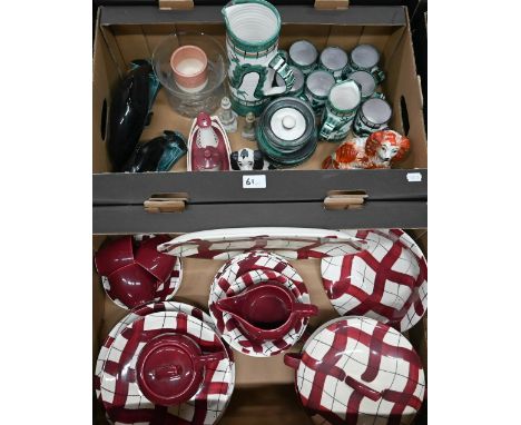 A vintage Empire Pottery part breakfast set with puce tartan pattern, to/w a quantity of Tintagel Pottery tableware, two Pool