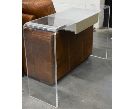 A contemporary perspex/flexiglass console table with cream painted centre drawer, 120 cm wide x 35 cm deep x 78 cm high 