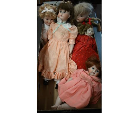 Four modern bisque-headed girl dolls and a glazed china-headed doll (5) 