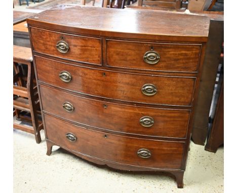 A 19th century mahogany bowfront chest of two short over three long drawers on splayed bracket feet (back leg a/f), 102 cm w 