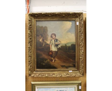 Naive School portrait of a young boy holding a dog, oil on canvas.