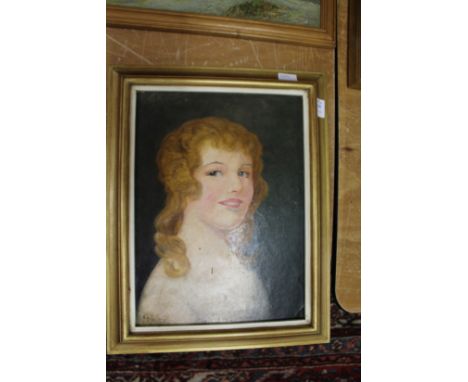 A portrait bust of a young lady with red hair, oil on board, in a gilt frame.