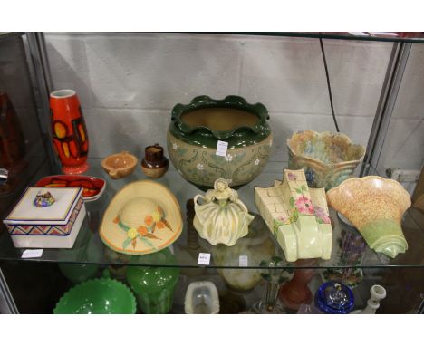 Poole Pottery Delphis china, a large Doulton style jardiniere, various wall pockets.