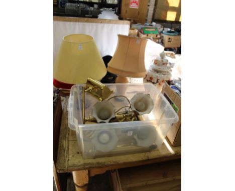 Various lamps, lighting, a large jar and cover and a large glass jar etc.