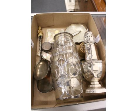 A mother-of-pearl calling card case, a silver and glass butter dish, decorative silver overlaid vase and other items.