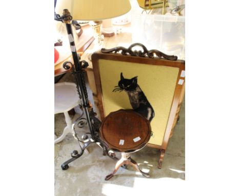 A tripod table, a wrought iron standard lamp base and a fire screen.