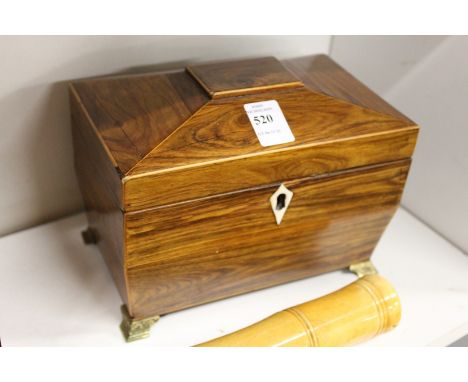 A good 19th century sarcophagus shaped twin division tea caddy with ormolu feet.