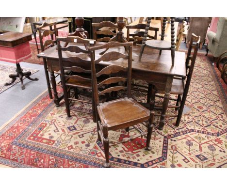 Six 18th / 19th century ash ladder back solid seat dining chairs.