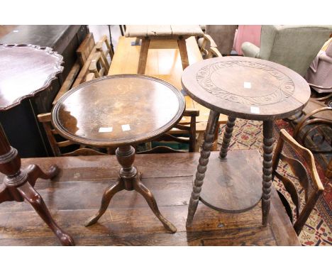 An oak bobbin turned two tier table and a tripod table.