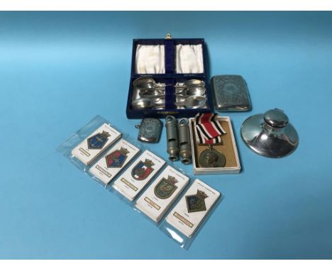 A silver cigarette case, capstan inkwell and a vesta case