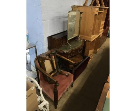 A ladies writing desk, stool and brass fire screen etc.