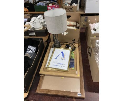 A box of assorted, to include various prints and a lamp