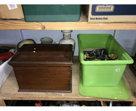 A shelf of assorted, to include a mahogany deed box etc.