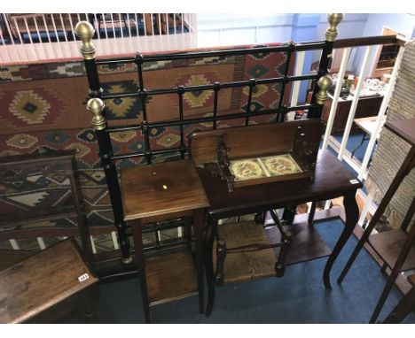 A Victorian style bed frame, two occasional tables, tiled shelf and stool etc.