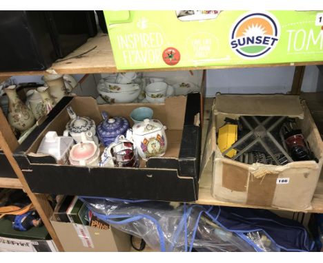Two boxes of assorted and a tin plate model train