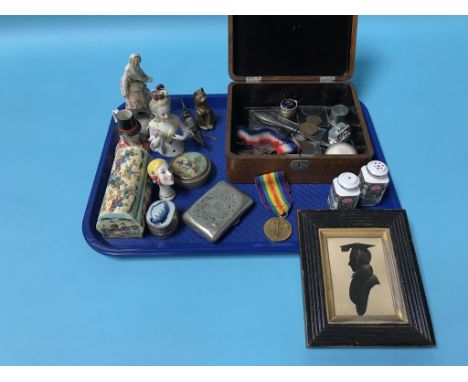 A tray of assorted, to include medals,  half doll cigarette case etc.