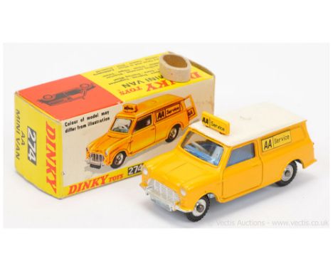 Dinky 274 Mini "AA Service" Van - yellow body and roof sign, white roof, blue interior, silver trim, chrome spun hubs with tr