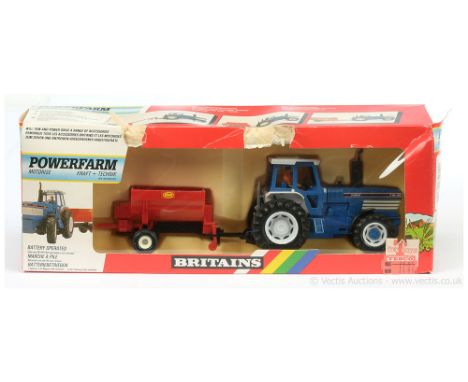 Britains Power Farm 9381 Ford TW-35 Tractor - blue, grey, black with figure driver &amp; Vari-Spreader - red, black, cream hu