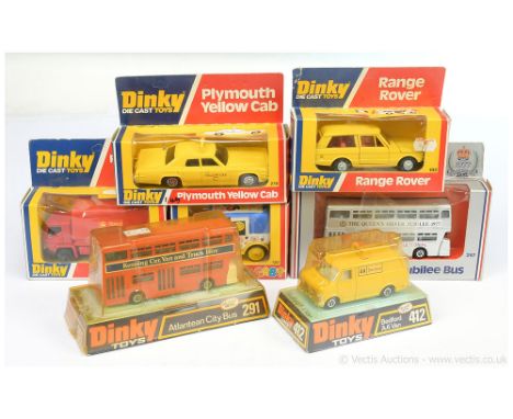 Dinky group to include 120 "Happy Cab"; 192 Range Rover - yellow, cast hubs; 278 Plymouth Taxi Cab; 291 Leyland Atlantean Cit