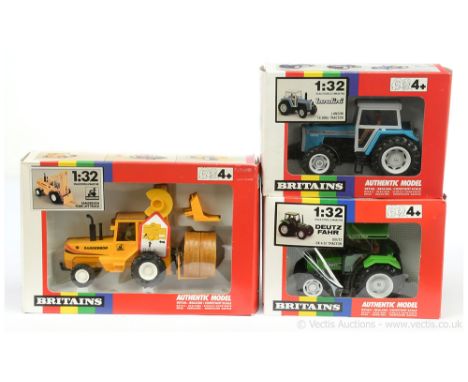 Britains 9494 Landini Tractor - turquoise, white, black, figure driver; 9496 Deutz DX 4.57 - green, white, black, figure driv