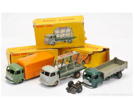 French Dinky 33b Simca Cargo Tipper Truck - green cab and chassis, convex hubs, silver trim, silver-grey tipper; 33c Simca Gl