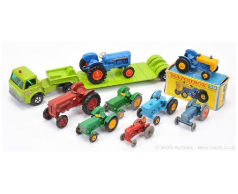 Matchbox group to include 39c Ford Tractor - mid-blue, yellow including plastic hubs with black tyres - Good Plus in a Fair t