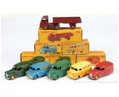 Dinky group to include 421 Electric Articulated Lorry "British Railways" - maroon, red ridged hubs; 452 (31c) Trojan "Chivers