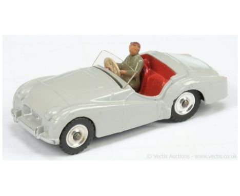 Dinky 105 Triumph TR2 Sports Car - grey body, red interior with figure driver, silver trim, chrome spun hubs with treaded tyr