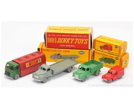 Dinky (Dublo Dinky) group to include 064 Austin Openback Truck - green, silver trim, grey smooth wheels; 066 Bedford Flat Tru