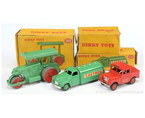 Dinky group to include 251 Aveling Barford Diesel Roller - green, red metal wheels, light tan figure driver, tow hook; 255 La