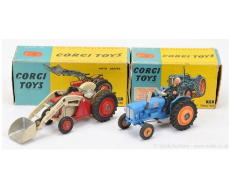 Corgi 55 Fordson Power Major Tractor - blue body, dull orange plastic hubs, with figure driver - Good Plus in a Fair to Good 