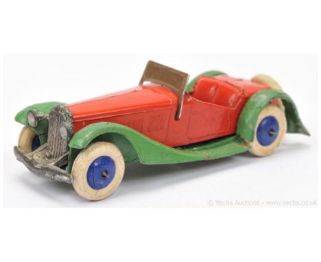 Dinky Pre-War 24h Sports Tourer Two-Seater - red body &amp; seats, green chassis, tinplate windscreen, blue smooth hubs with 