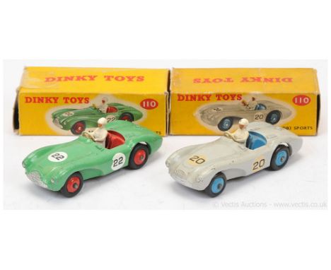 Dinky 110 Aston Martin DB3 Racing Car - grey body, mid-blue interior and ridged hubs with smooth tyres, figure driver, racing