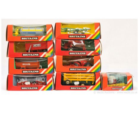 Britains Farm Implements &amp; Accessories group to include; 9560 Vacuum Tanker; 9572 Massey Ferguson Trailer; 9540 Ploughs; 