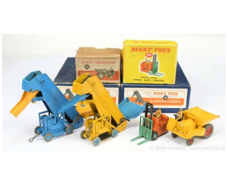 Dinky group to include 562 Dumper Truck - yellow, red metal wheels, light tan figure driver; 401 Coventry Climax Forklift Tru