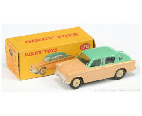 Dinky 175 Hillman Minx Saloon - two-tone beige, green, silver trim, light beige ridged hubs with treaded tyres - Excellent (c